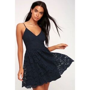 Lulus Navy Blue Lace Wish Me Luxe Skater Dress